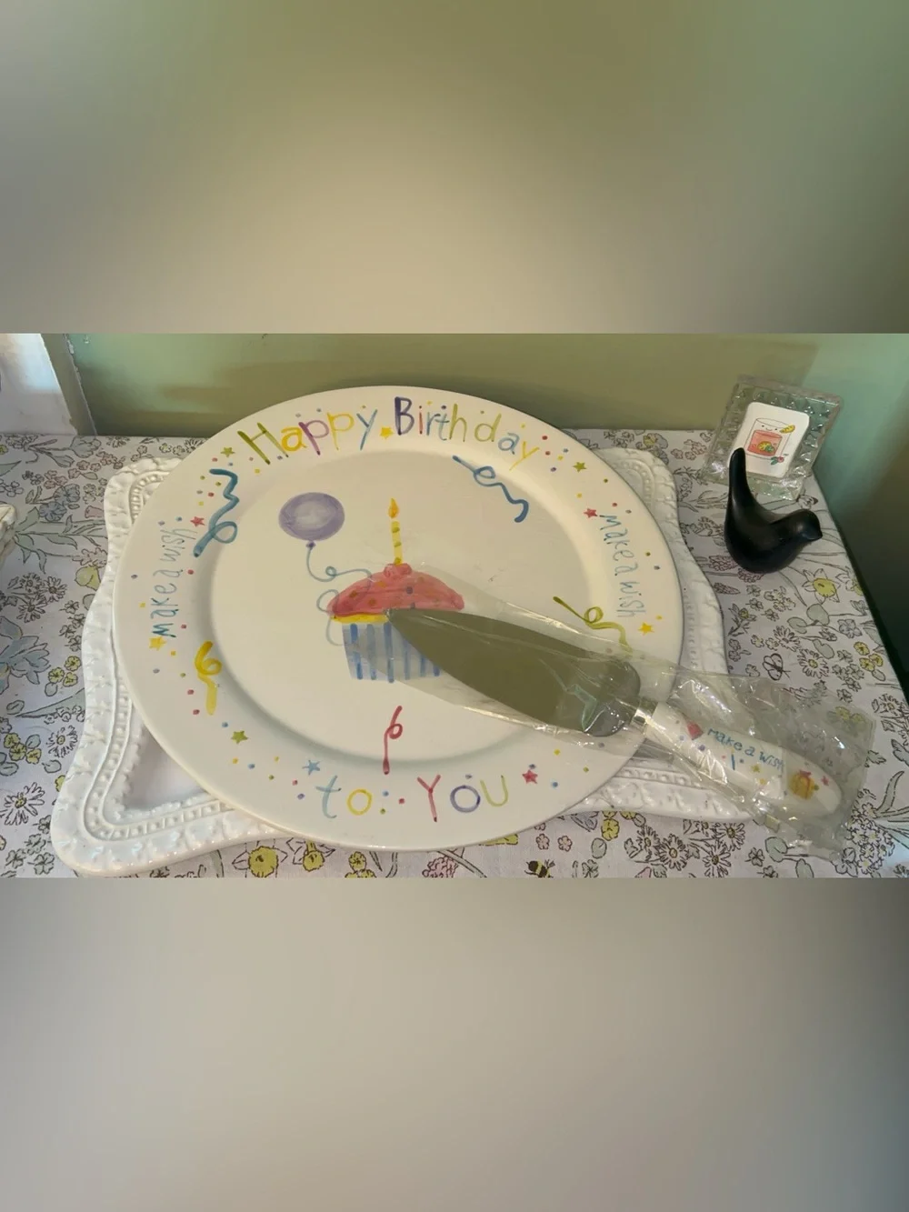 Happy Birthday Ceramic Cake Plate with Server NEW